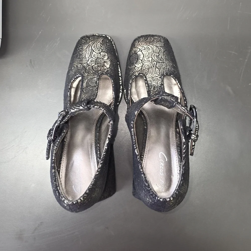Circus Sam Edelman Platform Heels Sz 9 Black Floral Mary Jane Block Whimsigoth